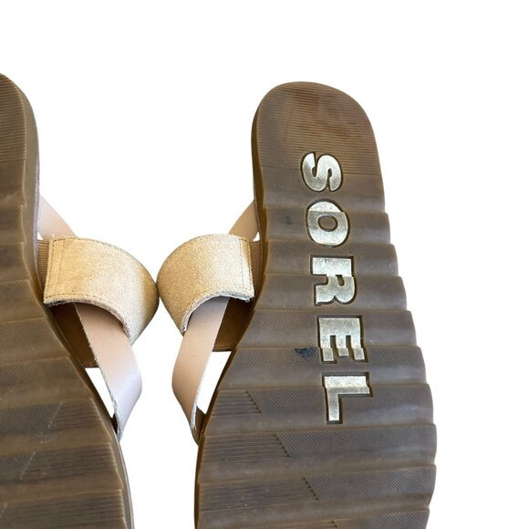Sorel Ella II Slip-On Flip Flop Sandals Suede Leather Neutral Tan Size 8 Women's - Picture 10 of 11